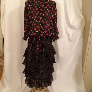 Montage by Mosaic 90s two piece top and skirt black with polka dots .